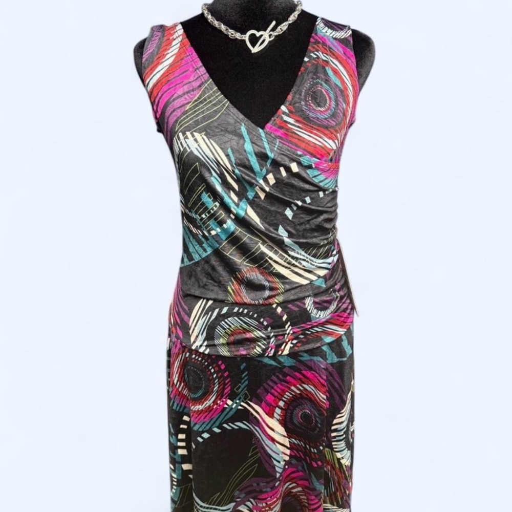 Isle Apparel abstract wrap dress pink black blue ruched sleeveless size S Y2K